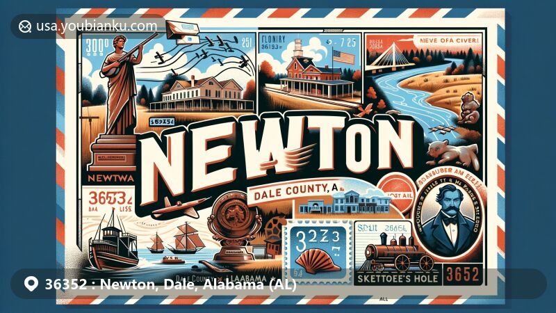 Modern illustration of Newton, Dale County, Alabama, combining historical and cultural elements with postal motifs, showcasing Choctawhatchee River, Civil War Monument, 'Sketoe's Hole,' and ZIP code 36352.