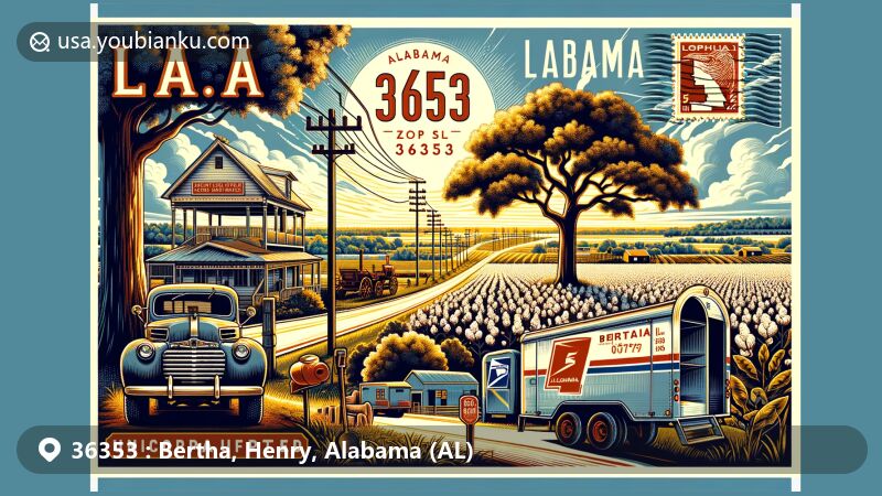 Modern illustration of Bertha, Alabama, showcasing local culture and postal elements, featuring vintage postal stamp, antique postal truck, and classic mailbox, set against backdrop hinting at Alabama's natural beauty.