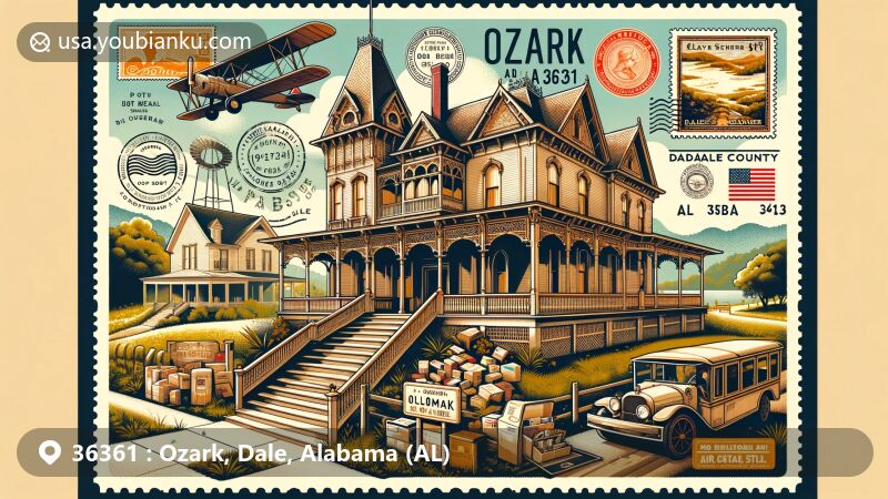 Modern illustration of Ozark, Dale County, Alabama, featuring postal theme with ZIP code 36361, showcasing J.D. Holman House and Claybank Church, along with elements like vintage air mail envelope and postage stamps.