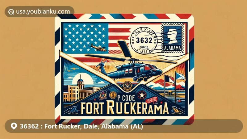 Modern illustration of Fort Rucker, Alabama, showcasing postal theme with ZIP code 36362, featuring vintage airmail envelope, Alabama state flag, UH-60 Black Hawk helicopter, and Dale County silhouette.