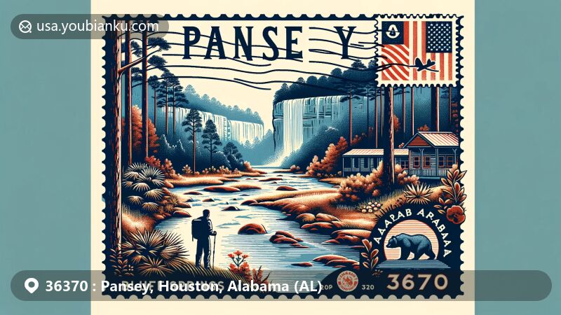 Modern illustration of Pansey, Alabama, showcasing postal theme with ZIP code 36370, featuring scenic trails like Bluff Springs Trail and Chattahoochee State Park: Wiregrass Trail, and incorporating Alabama state flag and vintage postcard layout.