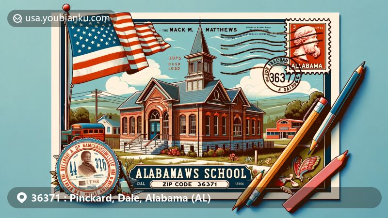 Modern illustration of Pinckard, Alabama, showcasing historic Mack M. Matthews School and postal theme with ZIP code 36371, featuring Alabama state flag and rural landscape of Dale County.
