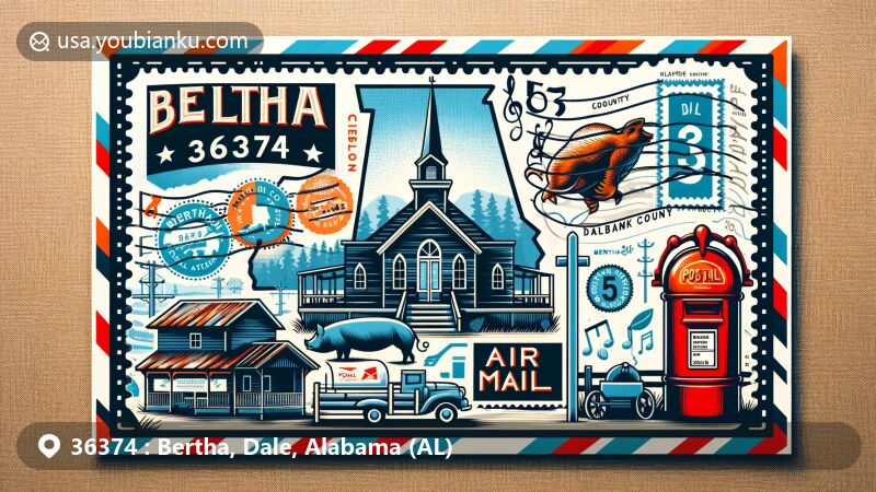 Creative illustration of Bertha, Dale County, Alabama, with ZIP code 36374, featuring Claybank Log Church, Dale County silhouette, and symbols of Bertha Pig Roast festival.