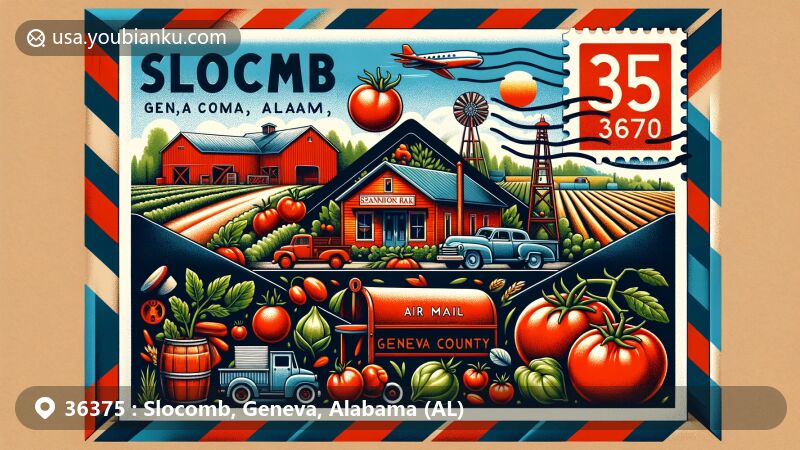 Modern illustration of Slocomb, Geneva County, Alabama, featuring air mail envelope frame highlighting 'Tomato Capital of the World,' vibrant tomatoes, Slocomb Tomato Festival elements, agricultural scenery, and subtle Alabama representation.