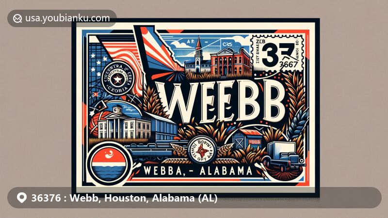 Modern illustration of Webb, Alabama, 36376, styled as an air mail envelope, with Alabama state flag, Houston County outline, and nods to Central of Georgia Railroad and agricultural roots.
