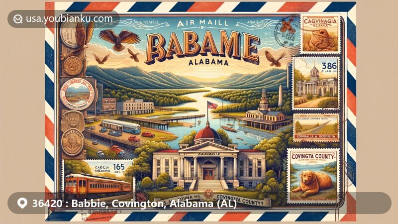 Modern illustration of Babbie, Covington County, Alabama, showcasing postal theme with ZIP code 36420, featuring vintage-style air mail envelope and detailed landscape. Includes highlights of Covington County and Alabama's landmarks, such as Bank of Andalusia, Central of Georgia Depot, and Covington County Courthouse.