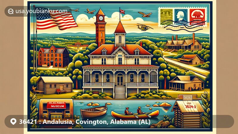 Modern illustration of Andalusia, Alabama, featuring Avant House and Three Notch Museum, with Gantt Lake and Sepulga River in the background, postal elements like mailbox, stamps, ZIP code '36421,' Alabama state flag, and Covington County outline.