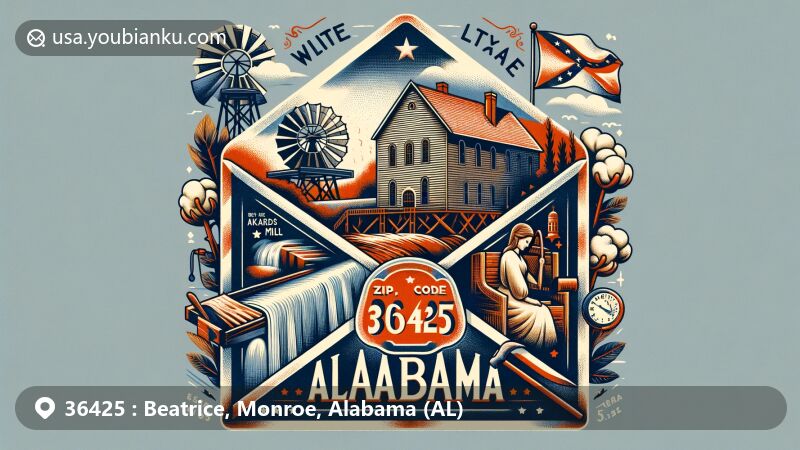 Modern illustration of Beatrice, Alabama (Monroe County, Beatrice), featuring vintage air mail envelope with ZIP code 36425, showcasing Rikard's Mill, New Hope Baptist Church, Alabama state flag, cotton plant, and blacksmith tool.