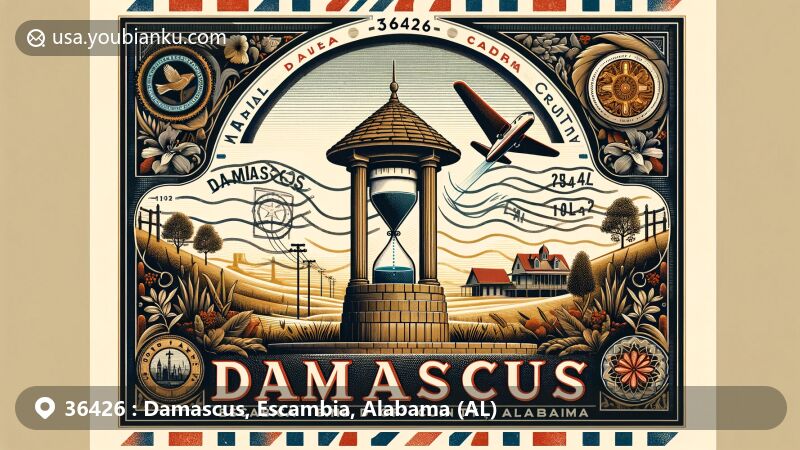 Modern illustration of the Damascus Travelers Well in Escambia County, Alabama, depicting a vintage air mail envelope design with Alabama state flag, Escambia County outline, and cultural symbols of the area's heritage and natural beauty.