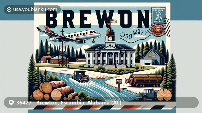 Modern illustration of Brewton city, Escambia County, Alabama, integrating regional characteristics and postal elements through an airmail envelope format, showcasing landmarks like Escambia County Courthouse and symbols of natural resources, with Alabama state flag and Brewton map outline in the background, along with timber industry symbols. Includes ZIP Code 36427, postage stamps, and a postal van illustration.