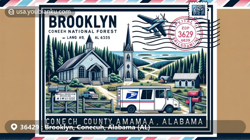 Modern illustration of Brooklyn area, Conecuh County, Alabama, designed as an air mail envelope with ZIP code 36429, showcasing Conecuh National Forest's natural heritage and Brooklyn Baptist Church.