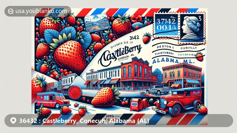 Modern illustration of Castleberry, Conecuh, Alabama, showcasing postal theme with ZIP code 36432, featuring strawberry elements representing the 'Strawberry Capital of Alabama' and historical buildings from the Castleberry Commercial District.