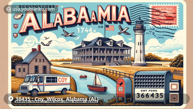 Modern illustration of Coy, Alabama, showcasing postal theme with ZIP code 36435, featuring Alabama River bend and historical Dry Fork Plantation.