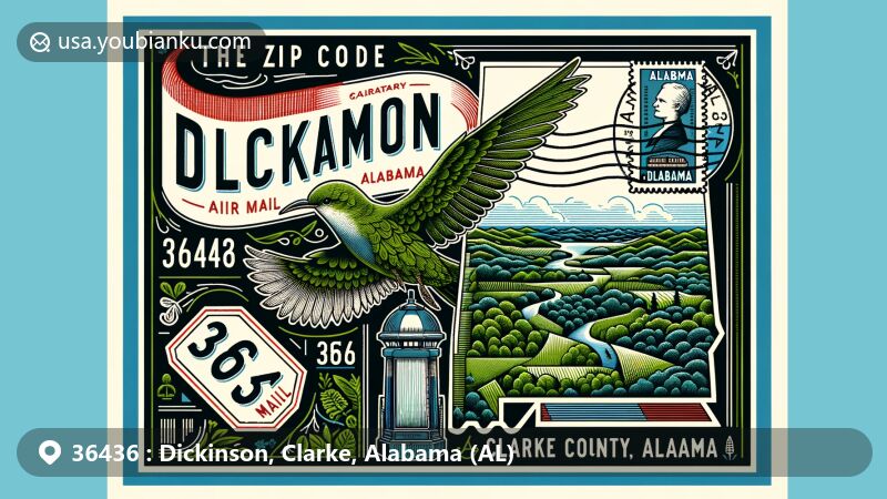 Modern illustration of Dickinson, Clarke County, Alabama, incorporating regional and postal elements, featuring an air mail envelope frame with lush green landscapes symbolizing the natural beauty of the area.