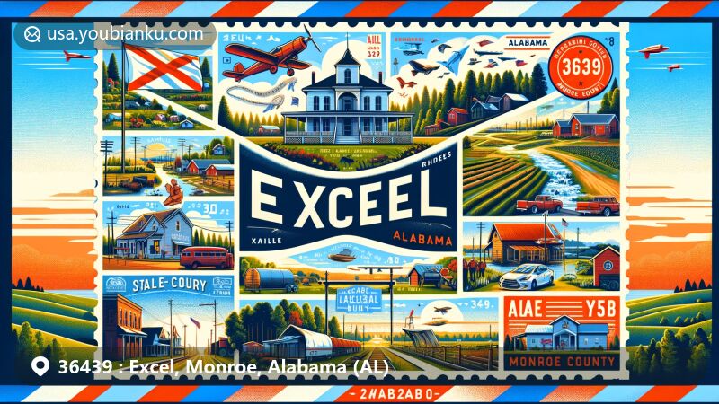 Modern illustration of Excel, Alabama, showcasing postal theme with ZIP code 36439, featuring Calvin J. Rhodes House, agricultural heritage, and community spirit, including homage to NFL star Lee Roy Jordan, and natural beauty of Monroe County.