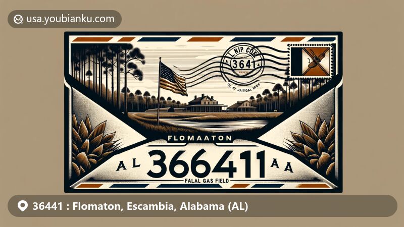Modern illustration of Flomaton, Alabama, depicting airmail envelope with Flomaton Area Railroad Museum, longleaf pines, and Flomaton Gas Field, blending town's history, nature, and industry.