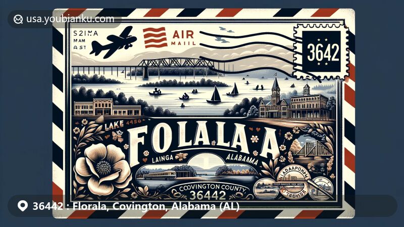 Modern illustration of Florala, Covington County, Alabama, featuring vintage-style air mail envelope with integrated elements: Lake Jackson, Florala State Park entrance sign, Florala Historic District silhouette, Alabama state flag, vintage postal stamp with ZIP code 36442, postmark with current date.