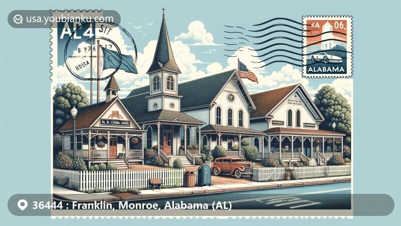 Modern illustration of Franklin, Alabama, Monroe County, featuring historic buildings along Highway 41 like the Franklin School House, Dr. J.W. Rutherford Office, Rutherford Brothers Store, and the Franklin Methodist Church, adorned with white picket fences and elements of the Alabama state flag.