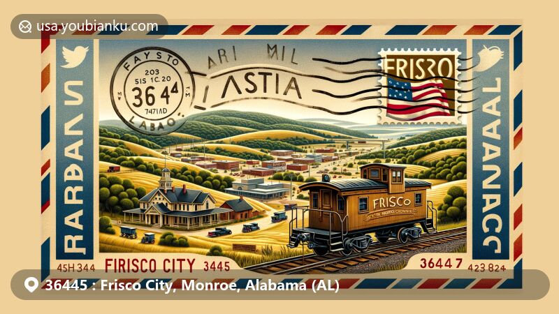 Modern illustration of Frisco City, Monroe County, Alabama, blending rural scenery with postal elements, featuring J.W. Jones home, railroad caboose, state flag, ZIP code 36445, and classic postage stamp.