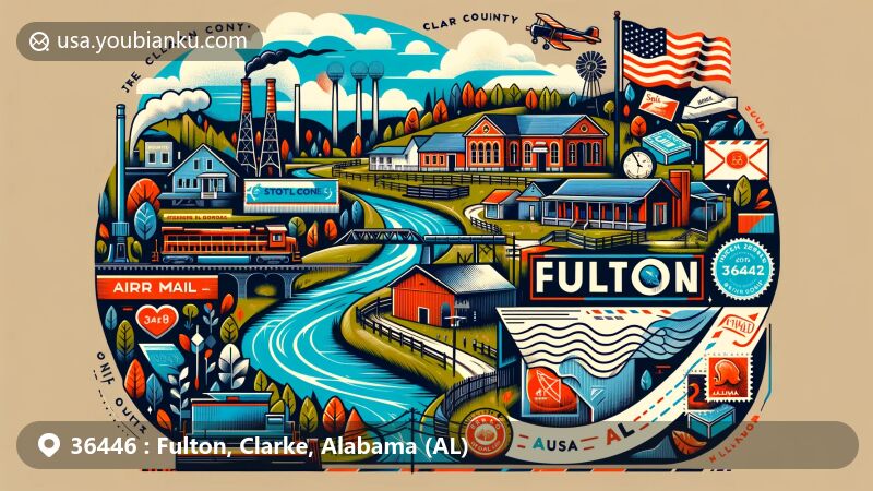 Modern illustration of Fulton, Clarke County, Alabama, featuring postal theme with ZIP code 36446, showcasing railroad, Scotch lumber mill, Bassett's Creek, air mail elements, stamps, and postmark.