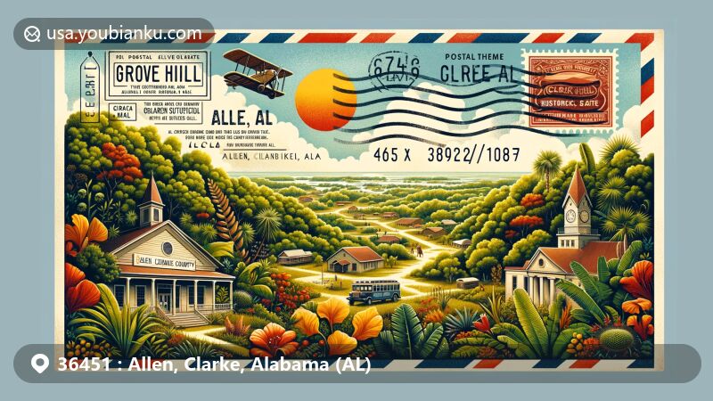 Modern illustration of Grove Hill, Clarke County, Alabama, representing ZIP Code 36451, with a vintage air mail envelope design showcasing the humid subtropical climate, lush greenery, and Clarke County landmarks.