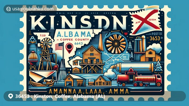 Modern illustration of Kinston, Alabama, showcasing postal theme with ZIP code 36453, featuring Coffee County's outline and symbols of agricultural heritage and economic history.