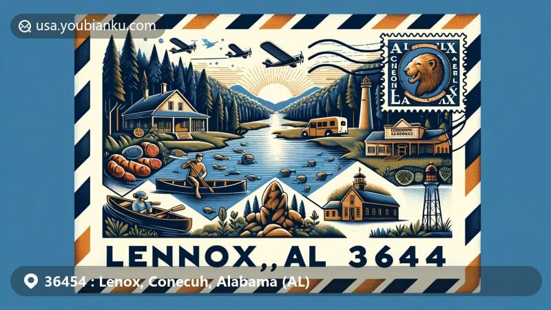 Creative illustration of Lenox, AL 36454 area, featuring a stylized airmail envelope with Conecuh National Forest landscapes, outdoor activities, Conecuh sausage, Old Paul Post Office, and airport beacon tower.