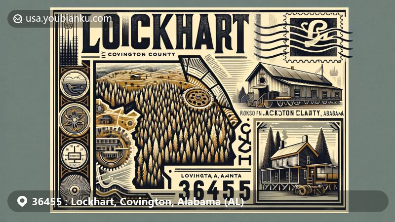 Modern illustration of Lockhart, Covington County, Alabama, featuring a creative postcard design with postal elements and regional characteristics, highlighting small-town charm and historical ties to Jackson Lumber Company.