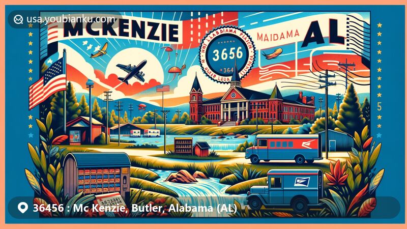 Modern illustration of McKenzie, Alabama, highlighting postal theme with ZIP code 36456, featuring McKenzie High School and Red Hills Salamander habitat.