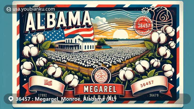 Modern illustration of Megargel, Monroe County, Alabama, showcasing vintage postcard frame with Alabama state flag, Monroe County outline, and postal elements, highlighting rural allure and historical ties to cotton production, featuring ZIP code 36457.