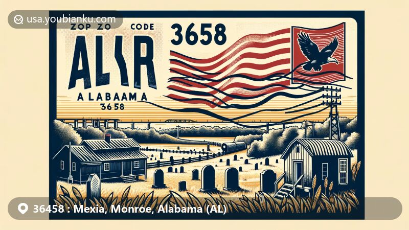 Modern illustration of Mexia, Monroe County, Alabama, showcasing postal theme with ZIP code 36458, featuring Alabama state flag and nods to historic cemeteries.