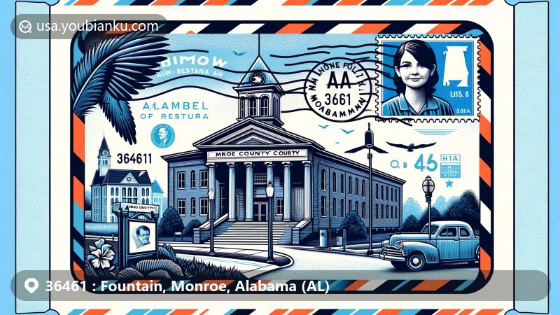 Modern illustration of Old Monroe County Courthouse in Monroeville, Alabama, featuring creative airmail envelope with ZIP code 36461, showcasing Harper Lee's portrait on stamp, Alabama state flag, and Monroe County outline.