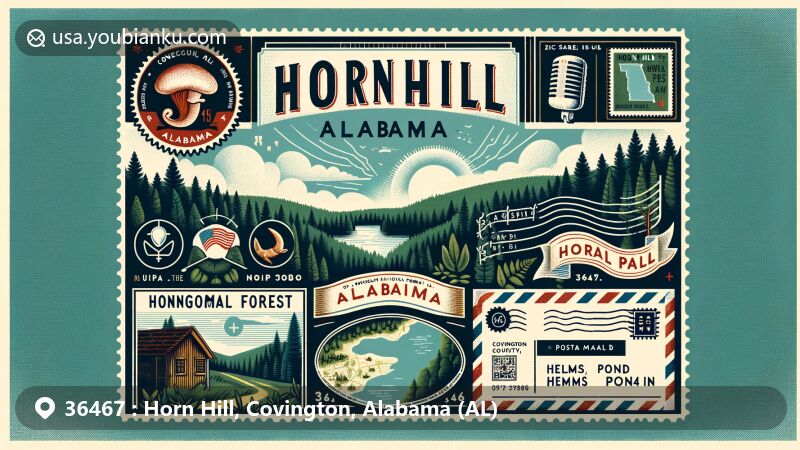 Modern illustration of Horn Hill, Alabama, featuring nature and postal motifs, showcasing Helms Pond and ZIP code 36467.