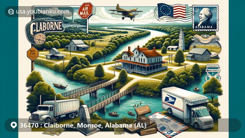 Modern illustration of Claiborne, Monroe County, Alabama, combining regional and postal elements, featuring Alabama River, Claiborne Historical Marker, Dellet Plantation architecture, vintage air mail envelope, Alabama state flag postage stamp, postal truck, mailbox, and ZIP code 36470.