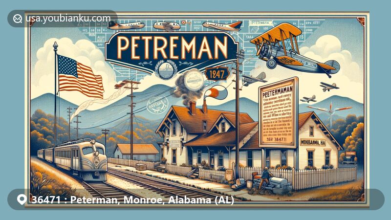 Modern illustration of Peterman community, Monroe County, Alabama, showcasing historical and cultural background with postal theme elements, including railroad impact, ZIP Code 36471, and close-knit atmosphere.
