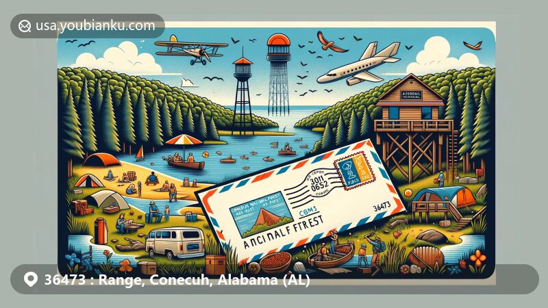 Modern illustration of Conecuh National Forest, highlighting outdoor activities like camping, picnicking, fishing, and swimming, with a creative airmail envelope featuring ZIP code 36473 and symbolic images of Conecuh sausage and Open Pond Fire Tower.