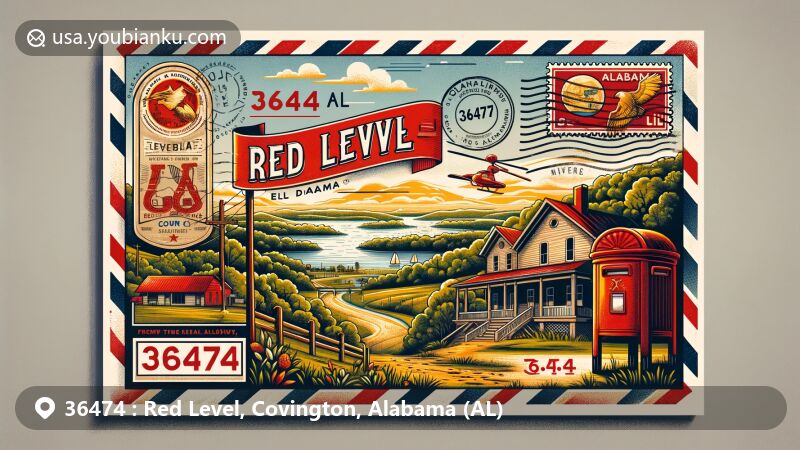Modern illustration of Red Level, Covington County, Alabama, themed around postal elements, showcasing the town's charming ambiance, southern hospitality, and natural beauty, incorporating the region's landmarks like lush landscapes, Conecuh River, and local wildlife.