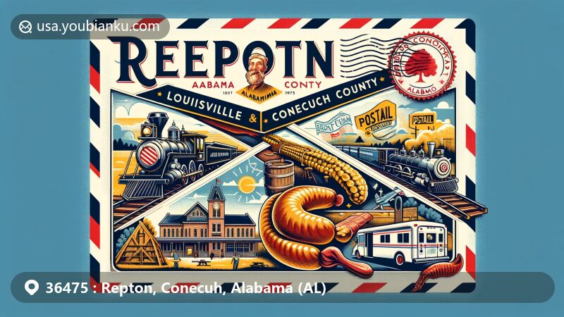 Modern illustration of Repton, Conecuh County, Alabama, showcasing postal theme with ZIP code 36475, featuring Louisville and Nashville Railroad, Conecuh sausage, Alabama state flag, and historic postal elements.