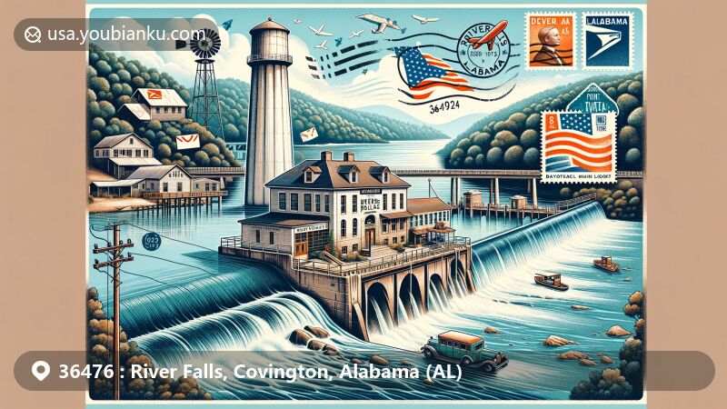Modern illustration of River Falls, Alabama, corresponding to postal code 36476, blending natural beauty with postal theme, featuring Conecuh River, River Falls Post Office, and Point A Lake dam.