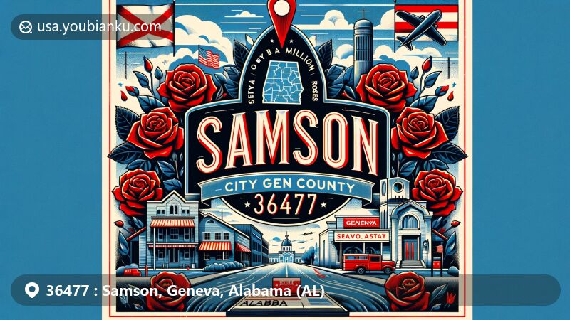 Modern illustration of Samson, Alabama, located in Geneva County, with ZIP code 36477 at the center. Features include outline of Geneva County, Alabama state flag, red roses symbolizing 'City of a Million Roses,' and postal elements like air mail envelope, ZIP code stamp, and mailbox.