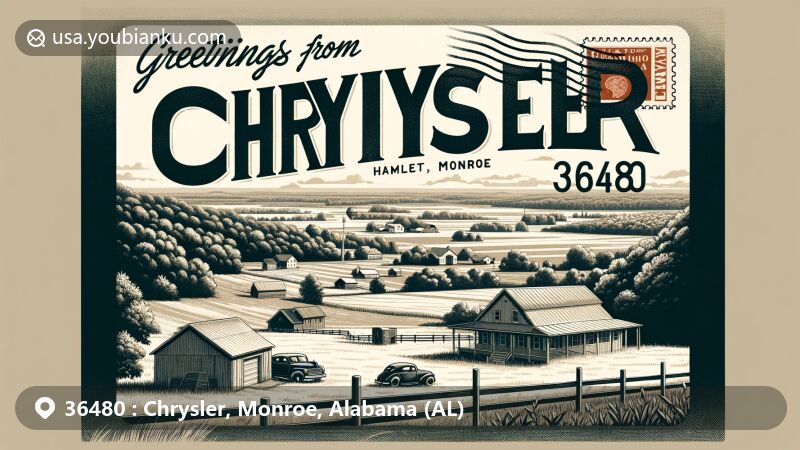 Modern illustration of Chrysler, Monroe County, Alabama, capturing rural charm and natural beauty, embodying a vintage postcard theme with 'Greetings from Chrysler, 36480'.