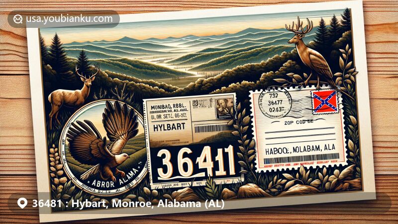 Modern illustration of Hybart, Monroe County, Alabama, featuring vintage-style postal envelope with Alabama state flag stamp and ZIP code 36481, set against a backdrop of Alabama's Red Hills region.