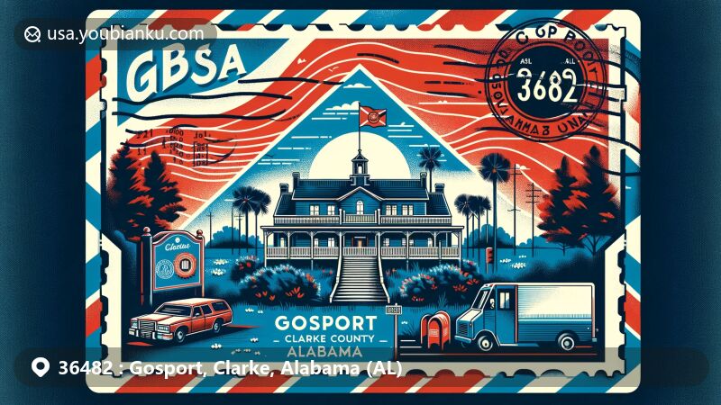 Modern illustration of Gosport, Clarke County, Alabama, portraying the Woodlands historic plantation in ZIP code 36482, featuring Alabama state flag and postal theme with stamp, postmark, and mail-related elements.