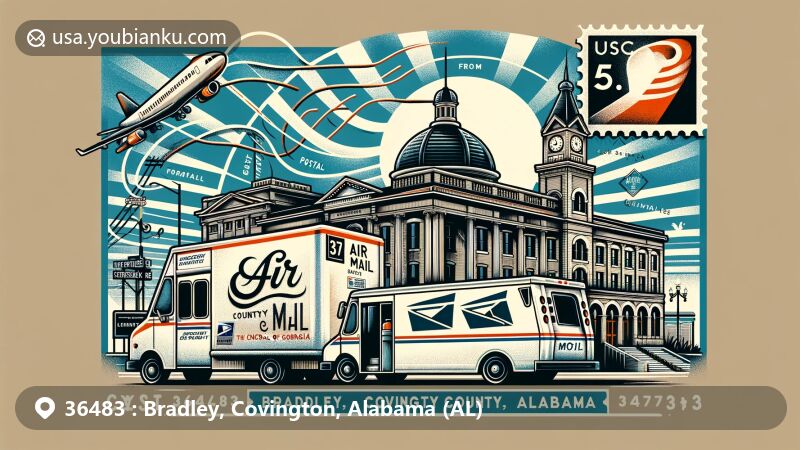 Modern illustration of Bradley, Covington County, Alabama, showcasing postal theme with ZIP code 36483, featuring Covington County Courthouse and Jail, Central of Georgia Depot, and vintage air mail elements.