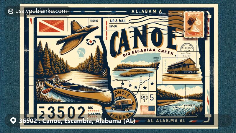 Modern illustration of Canoe, Alabama, featuring Big Escambia Creek for canoeing and Mobile and Great Northern Railroad history, with forestry and waterways in the background. Vintage postcard layout with aerial mail envelope aesthetic, showcasing 36502 ZIP code, canoeing on the creek, and Alabama state outline with star marking Canoe's location. Postal elements include stamp with Alabama state flag, 'Canoe, AL' postmark, and mail van or mailbox, emphasizing communication theme and local-global connection.