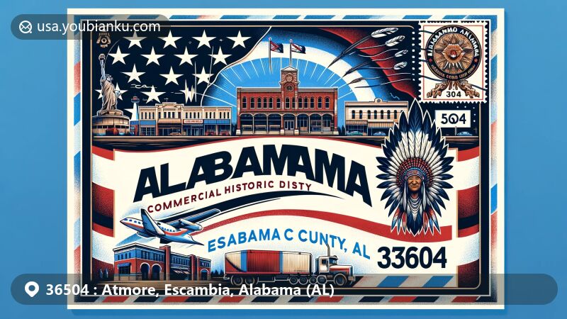 Modern illustration of Atmore, Escambia County, Alabama, featuring ZIP code 36504 and showcasing the Atmore Commercial Historic District, symbolizing the city's history and cultural influence of the Poarch Band of Creek Indians, with Alabama state flag and postal elements in an air mail envelope style.