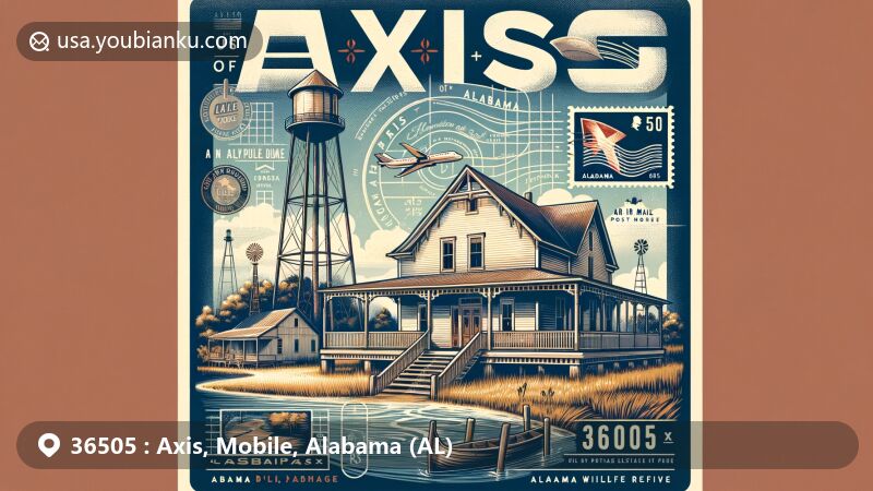 Modern illustration of Axis, Mobile County, Alabama, styled as a postcard for ZIP code 36505, featuring the historic Kirk House, Delta Wildlife Refuge, and Civil War nods.