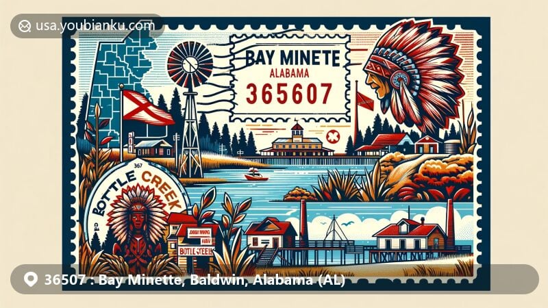 Modern illustration of Bay Minette, Alabama (AL), showcasing ZIP code 36507 area with historic symbols like Bottle Creek Indian Mounds and Fort Mims, featuring timber industry elements, Alabama state flag, and Baldwin County outline.