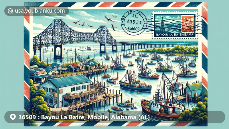 Modern illustration of Bayou La Batre, Mobile County, Alabama, featuring Bayou La Batre Bridge, fishing and shrimp boats representing seafood industry, airmail envelope background, and postal stamp with 'Bayou La Batre, AL 36509' postmark.