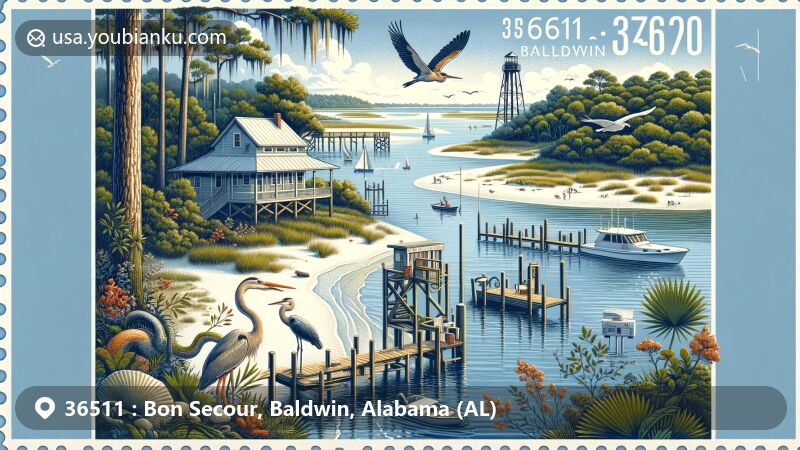 Modern illustration of Bon Secour area in Baldwin County, Alabama, showcasing Bon Secour River and Bay, Bon Secour National Wildlife Refuge, and Swift-Coles Historic Home, with a postal theme featuring ZIP code 36511.